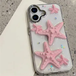 Close-up of glitter sequins and pink 3D resin starfish on a clear iPhone case
