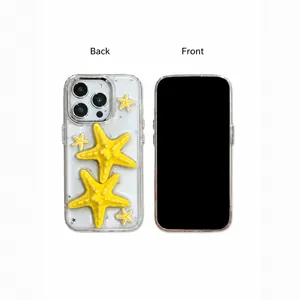 Detailed front and back views of a clear iPhone case with a 3D yellow starfish ornament