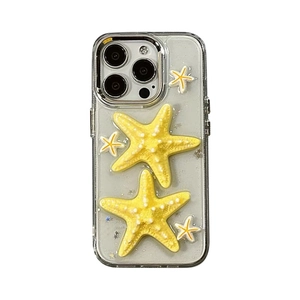 Transparent iPhone case featuring 3D yellow starfish and subtle glitter embellishments