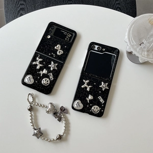 Custodia Per Telefono Pieghevole Glitter Nero Stella Smiley Con Ciondoli Stile Metallo 3D E Cinturino Perlato Per Z Flip Fold