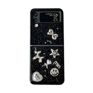 Custodia pieghevole nera glitterata per Samsung Z Flip con ciondoli 3D stella e smiley