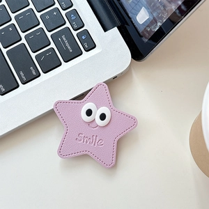 Support de téléphone étoile en cuir rose avec grands yeux, texte smile et grain lychee