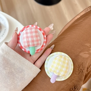 Cute mushroom-shaped magnetic phone grip with plaid fabric ice cream design for desks