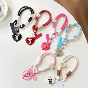Set of six colorful braided phone lanyards with heart charms and handmade leather tags