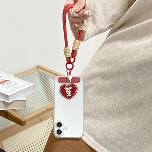 Phone case set with red heart pendant and thick red woven wrist lanyard strap