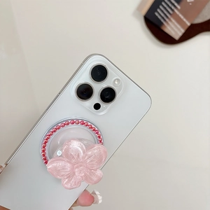 Magnetic pink glitter cherry blossom phone grip with pearl detail for Magsafe