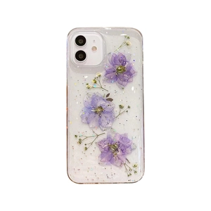 Coque iPhone transparente avec de vraies fleurs séchées violettes et paillettes