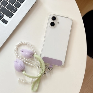 Laccetto per cellulare con ciondolo a tulipano e perle con custodia trasparente