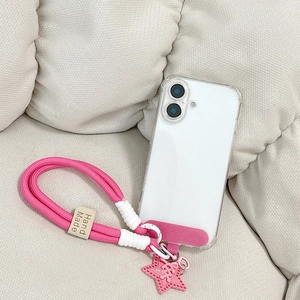 Star charm rose red woven wrist strap and clear phone case with handmade label