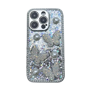 Sparkling silver glitter phone case for iPhone with 3D crystal butterflies and pearls