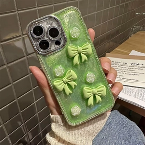Light green glitter iPhone case with 3D bows, white roses and rhinestones
