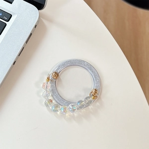 Glitter silver phone grip base with iridescent faceted beads and gold metal ring