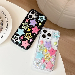 Colorful 3D star iPhone case available in black and transparent finishes with 45-degree angle view