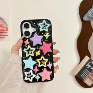 Black iPhone case featuring colorful 3D stars with polka dots held by hand