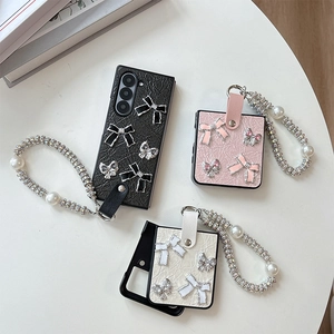 Luxury Faux Leather Folding Phone Case With Artificial Pearl Handheld Chain And Rhinestone Bow Decor For Women Sweet Elegant