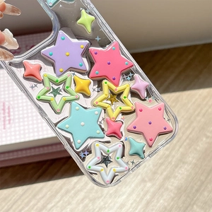 Macro view of colorful 3D resin stars on a transparent protective phone case for iPhone