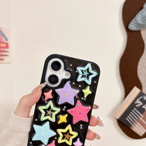 Close-up of 3D colorful stars on black iPhone case with unique embossed silicone details