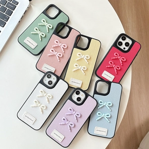 Phone Case Litchi Pattern PU Leather Textured Bowknot Solid Color Shockproof Protective Back Cover Sweet Style Women