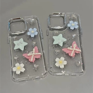 3D Butterfly Star Flower Smartphone Case Clear Transparent Protective Shell With Ribbon Bow Rhinestone Faux Artificial Pearl Decor Sweet Style