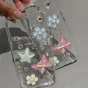 Cute iPhone 16 Pro Max case with 3D resin butterflies and shiny stars in transparent finish