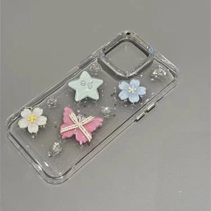 Transparent butterfly and star glitter phone case with 3D resin floral charms for iPhone 16