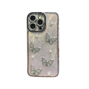 Sparkly pink butterfly and pearl rhinestone protective case for iPhone 16 Pro Max