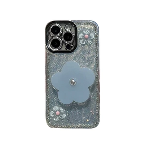 Sparkly light blue iPhone case with floral pearl grip and glitter finish for women