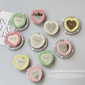 Luxury heart-shaped rhinestone magnetic phone grip with mirror and Wish engraving