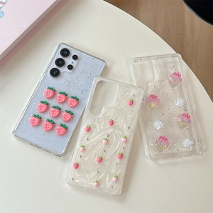 Sparkly glitter strawberry phone case for S25 Ultra with 3D floral and fruit decorations
