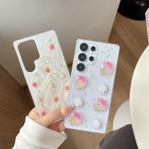 3D glitter strawberry and flower phone case for Samsung S24 Ultra with relief designs