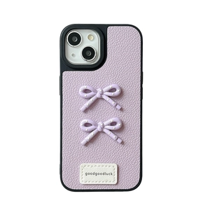 Light purple leather phone case for iPhone with 3D bowknots and goodluck leather tag