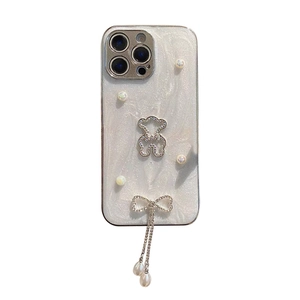 Glitter pearl bear iPhone case with luxury rhinestone bow and pearl pendant charm