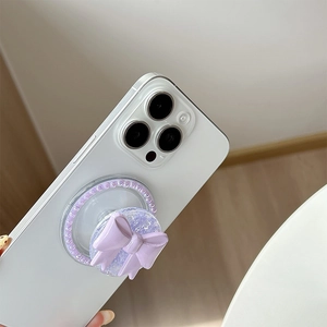 Purple bow magnetic phone socket with pearl rhinestones and glitter design for smartphone