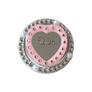 Pink heart mirror magnetic phone holder with sparkling rhinestones and white pearls