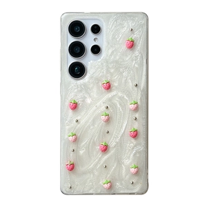 Glitter strawberry phone case for Samsung S24 Ultra with 3D resin fruit and pearl swirl