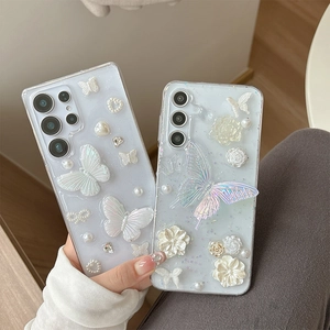 Custodia trasparente glitter per Samsung S25 Ultra con farfalla 3D e ciondoli floreali