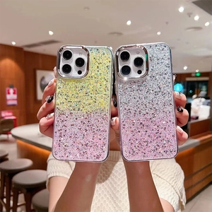 Glitter gradient cases for iPhone 16 Pro Max in yellow-pink and silver-pink finishes