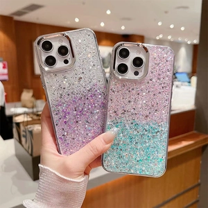 Glitter gradient phone cases in silver, purple and teal for iPhone 16 Pro Max