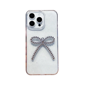 Glitter transparent iPhone case with a 3D silver beaded bow and sparkly finish
