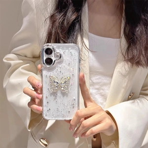 Sparkling transparent iPhone case with rhinestone 3D butterfly and silver glitter sequins