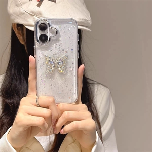 Glittery iPhone case with a 3D rhinestone butterfly and star sequins in a clear design