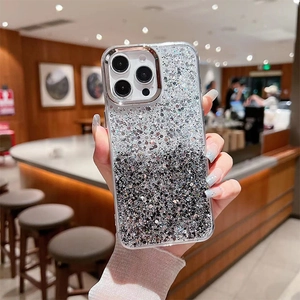Detailed view of shimmering silver and black gradient glitter on iPhone protective case