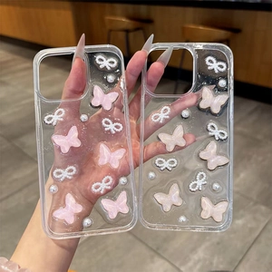Coque iPhone transparente avec papillons 3D en résine et nœuds en perles