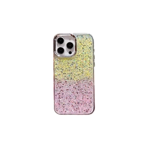 Sparkly gold and pink gradient glitter phone case with metal lens protector for iPhone