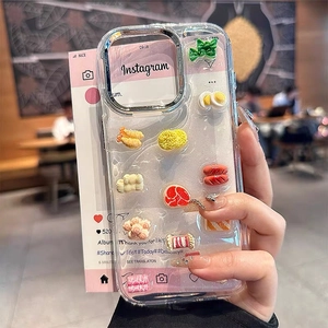 3D food pattern iPhone case featuring shrimp and egg ramen decor with glitter details