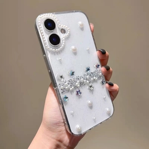Sparkly glitter iPhone case with white pearls and colorful star rhinestones for girls