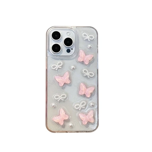 Coque iPhone pailletée transparente avec papillons 3D, perles et nœuds décoratifs