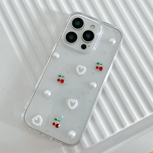Coque iPhone pailletée avec cerises 3D, cœurs en perles et sequins étoilés, cristal