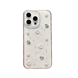 Coque iPhone transparente avec perles cerises et paillettes sur cadre or rose