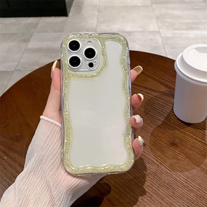 Detail of transparent iPhone case featuring wavy edges and sparkling yellow glitter texture
